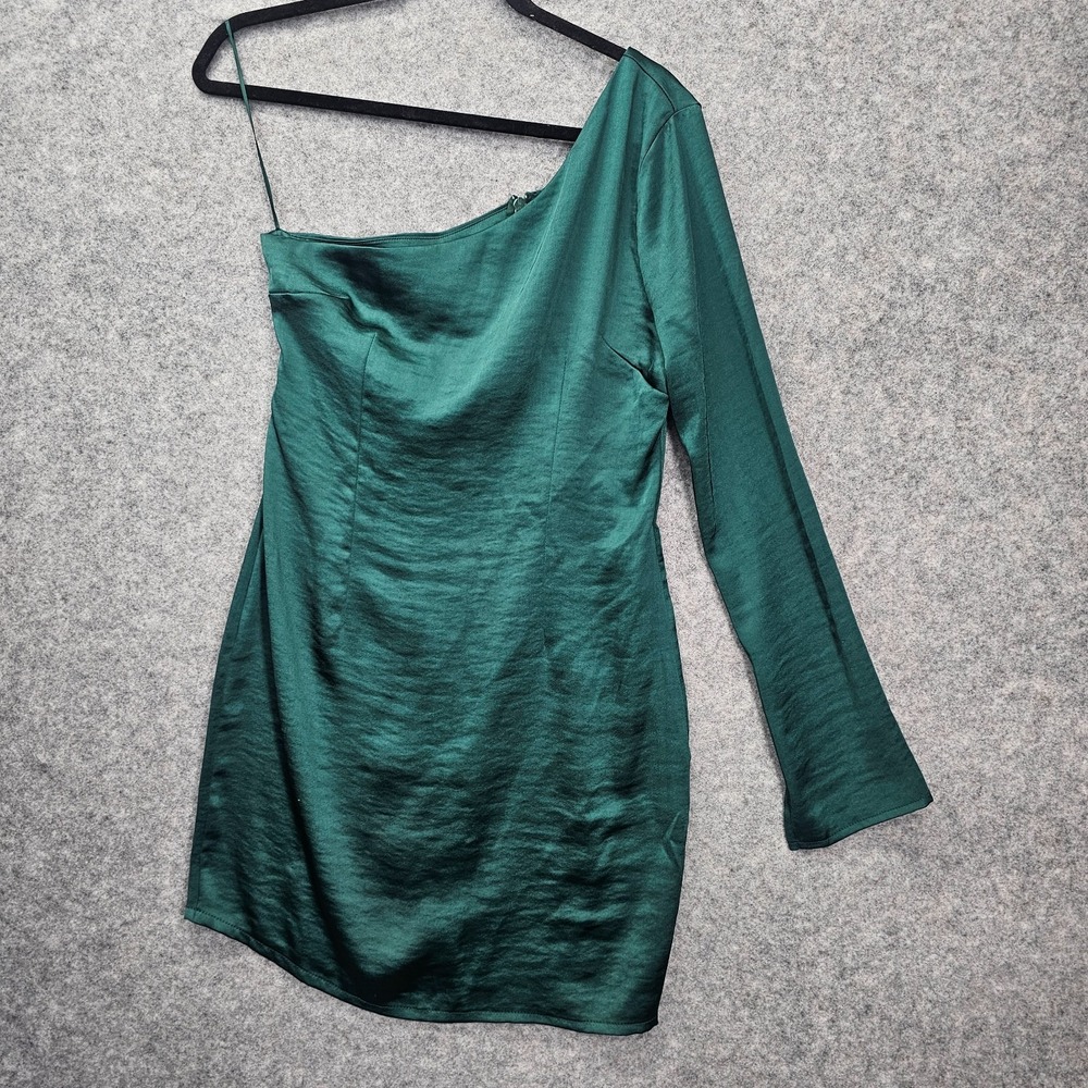 One Shoulder Satin Mini Dress Women XS S Forest Green Glam Cocktail Satin CASTRO